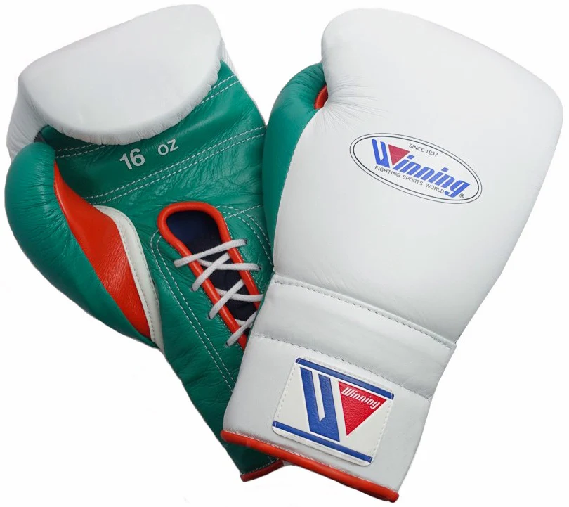 Winning Lace-up Boxing Gloves - White ยท Green ยท Red
